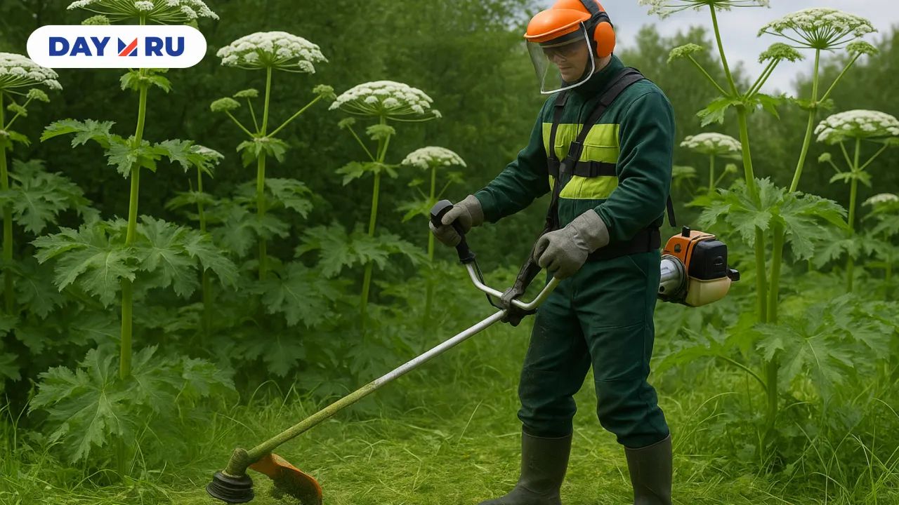 Экипировнный мужчина косит траву
