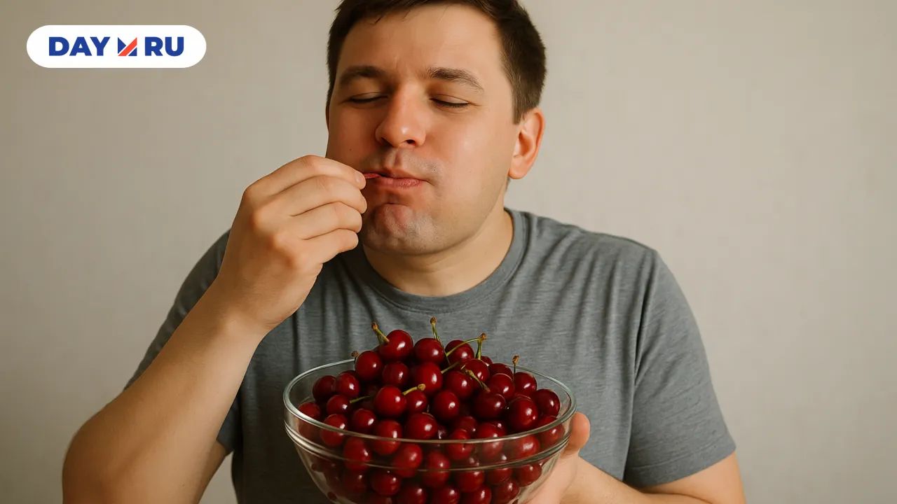 Мужчина ест много черешни