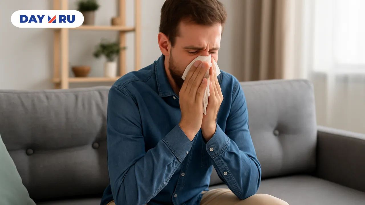 Человек купил новый диван и чихает