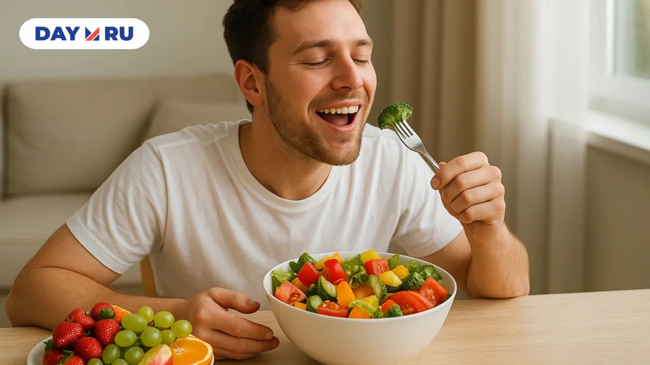 Человек ест овощи и фрукты