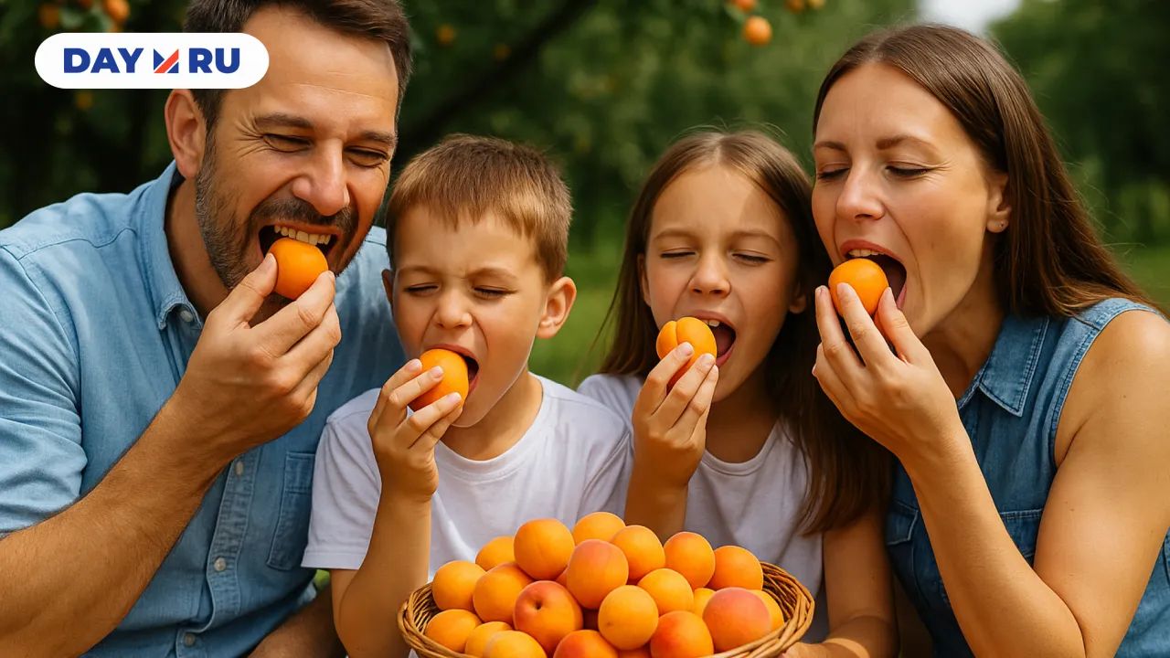 Семья кушает абрикосы