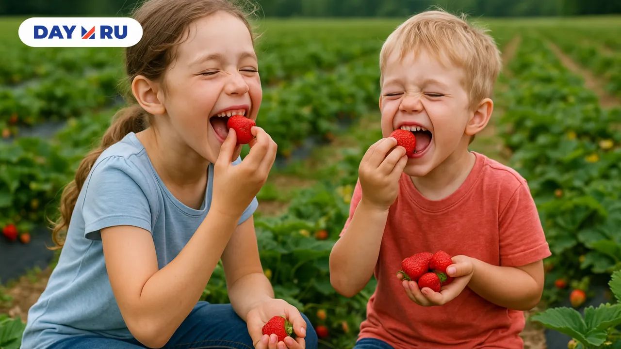 Дети едят клубнику