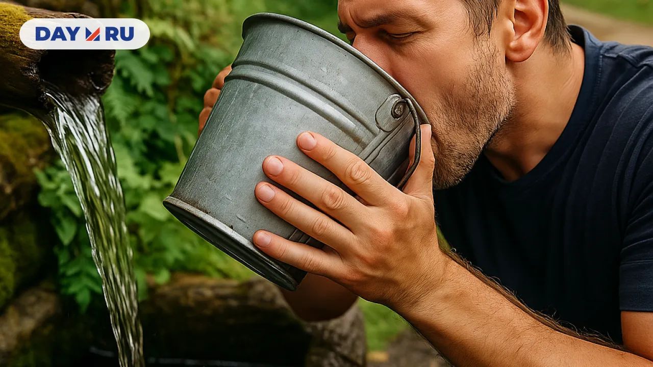 Человек пьет родниковую воду