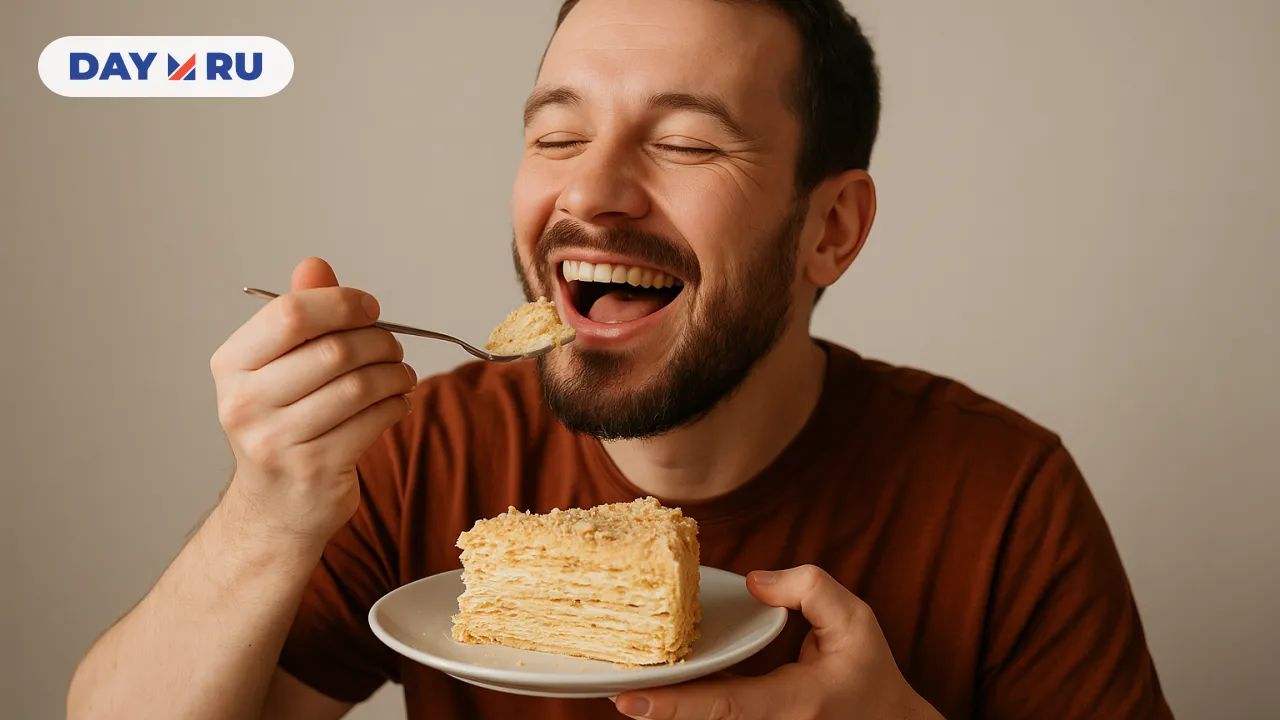 Человек уплетает "Наполеон"