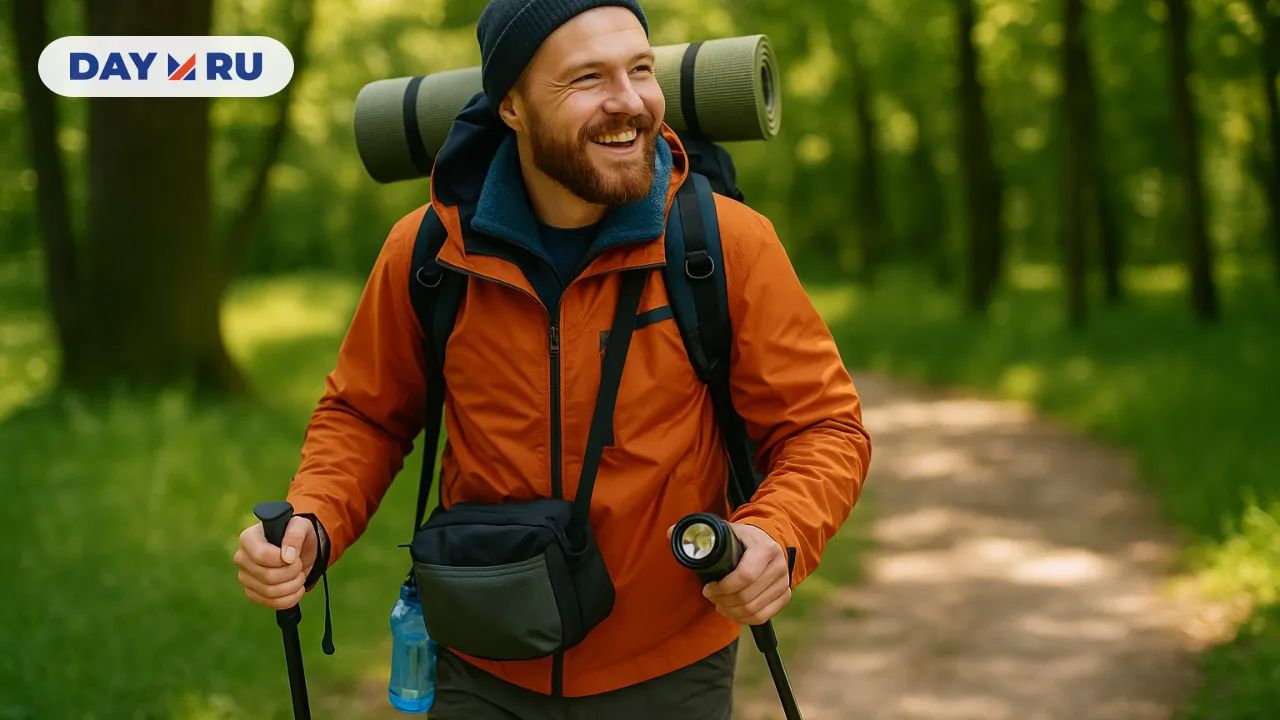 Человек идет по лесу экипированный