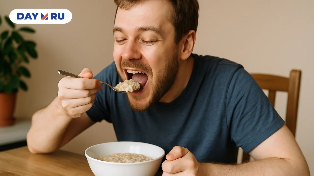 Уплетает овсянку