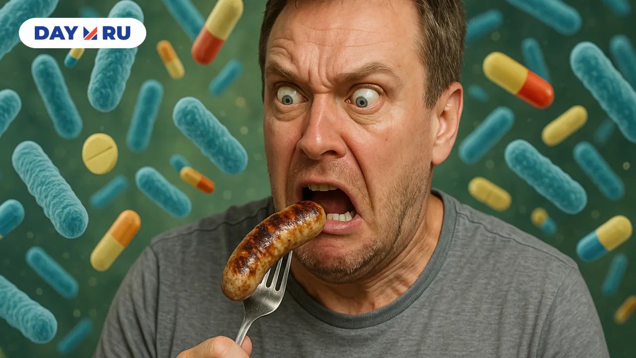 Мужик ест купаты