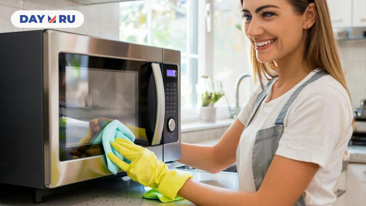 девушка моет микроволновку