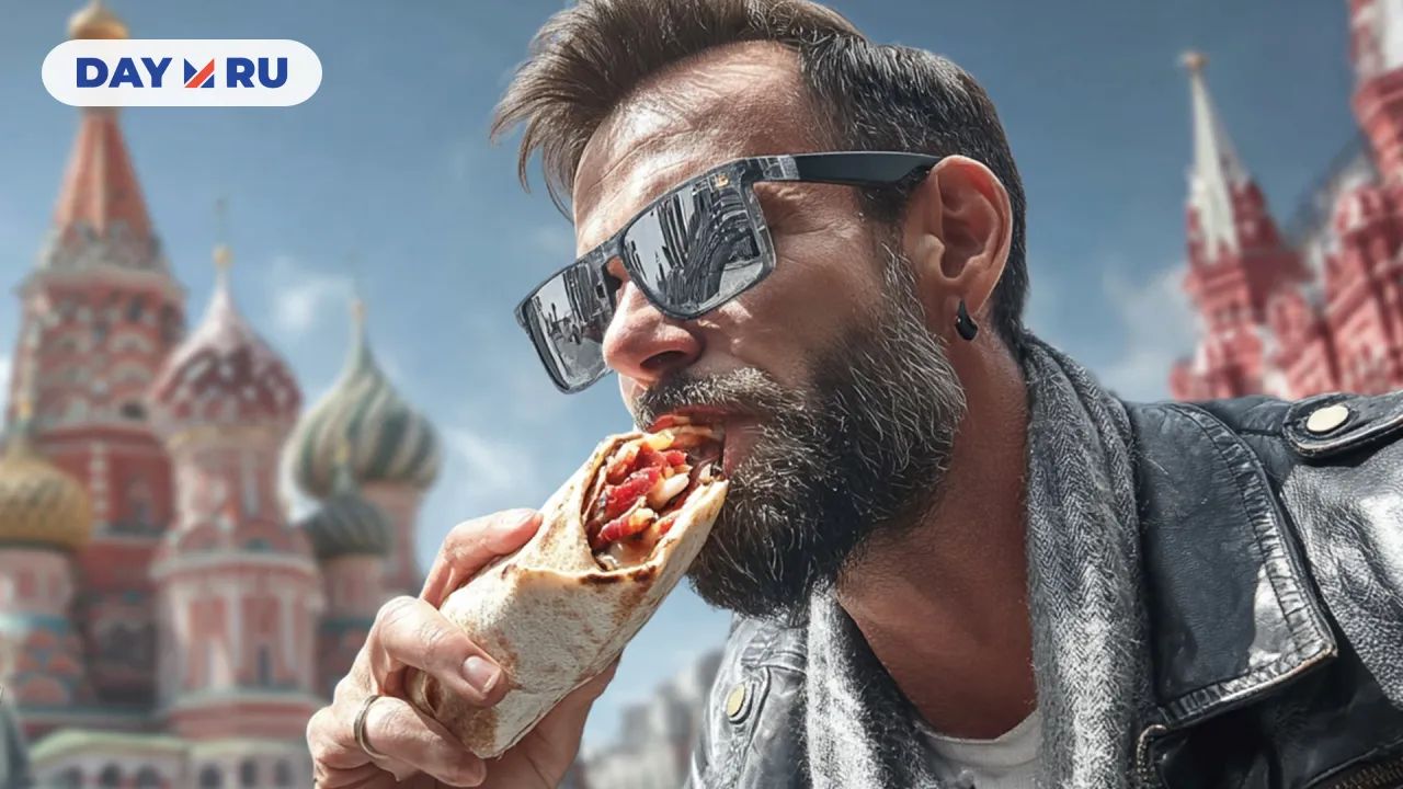 Мужчина ест шаурму