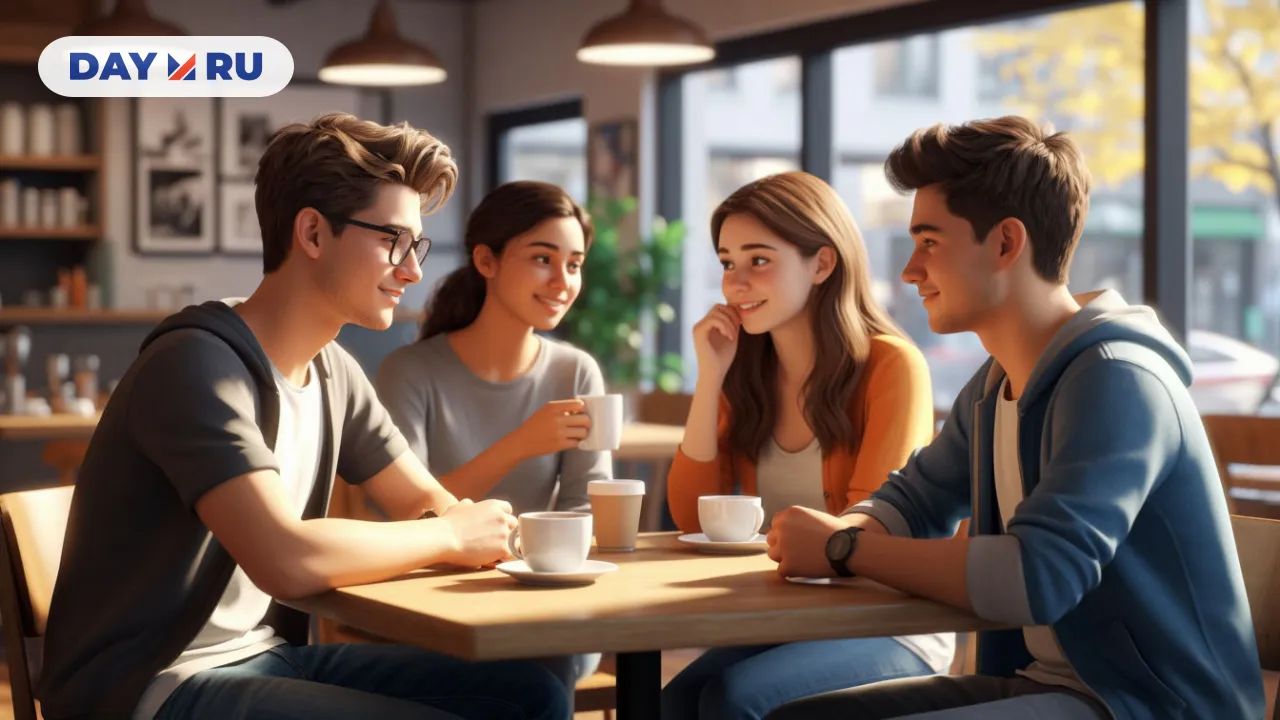 Молодые люди в кафе, арт