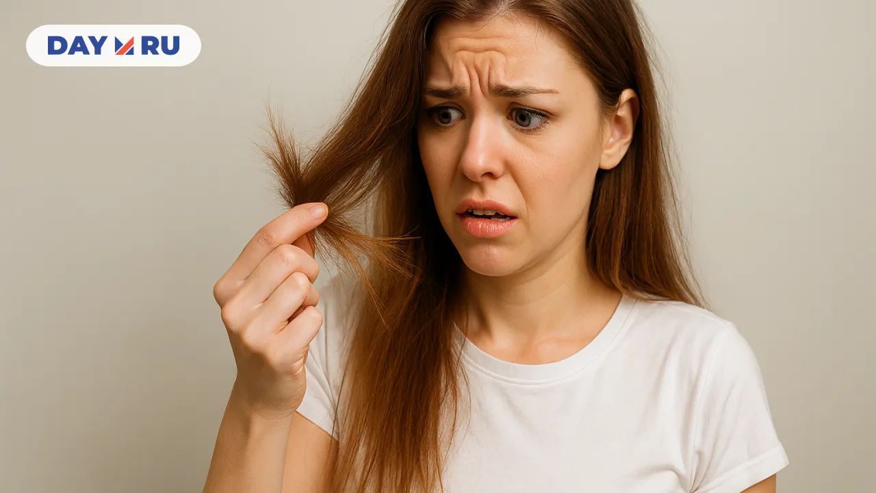 Девушка рассматривает сломанные кончики своих волос