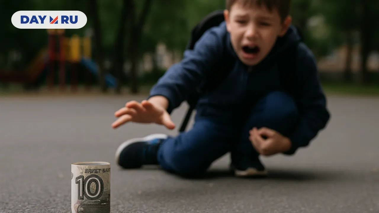 Мальчик стоит на асфальте рядом со свёртком из десятирублёвой купюры