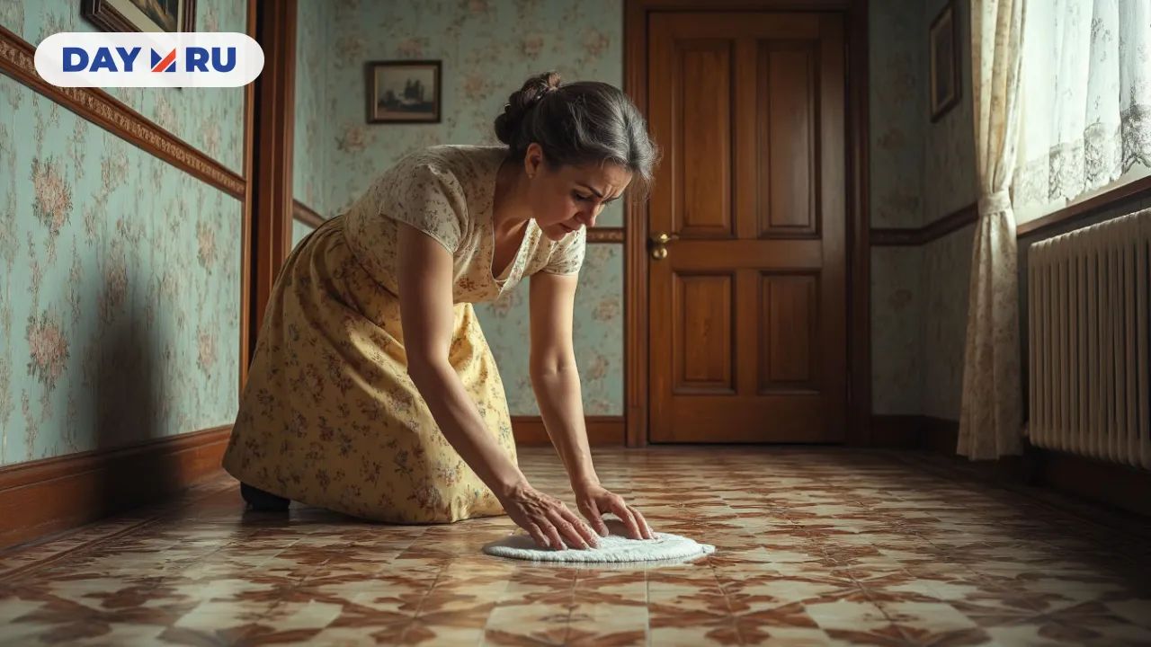 Хозяйка моет пол