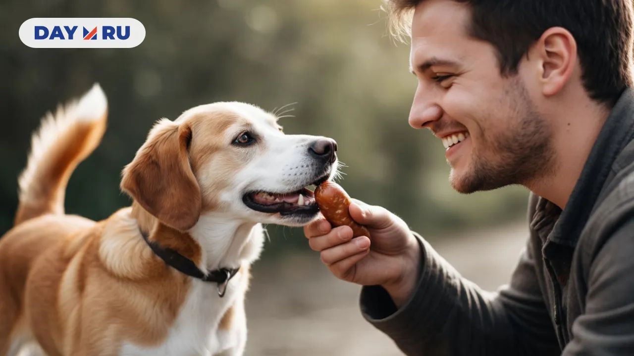 Хозяин кормит собаку