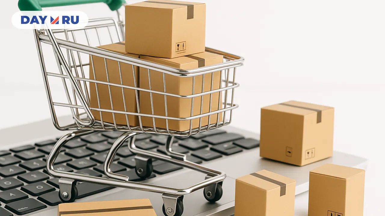 Миниатюрная тележка для покупок с маленькими картонными коробками