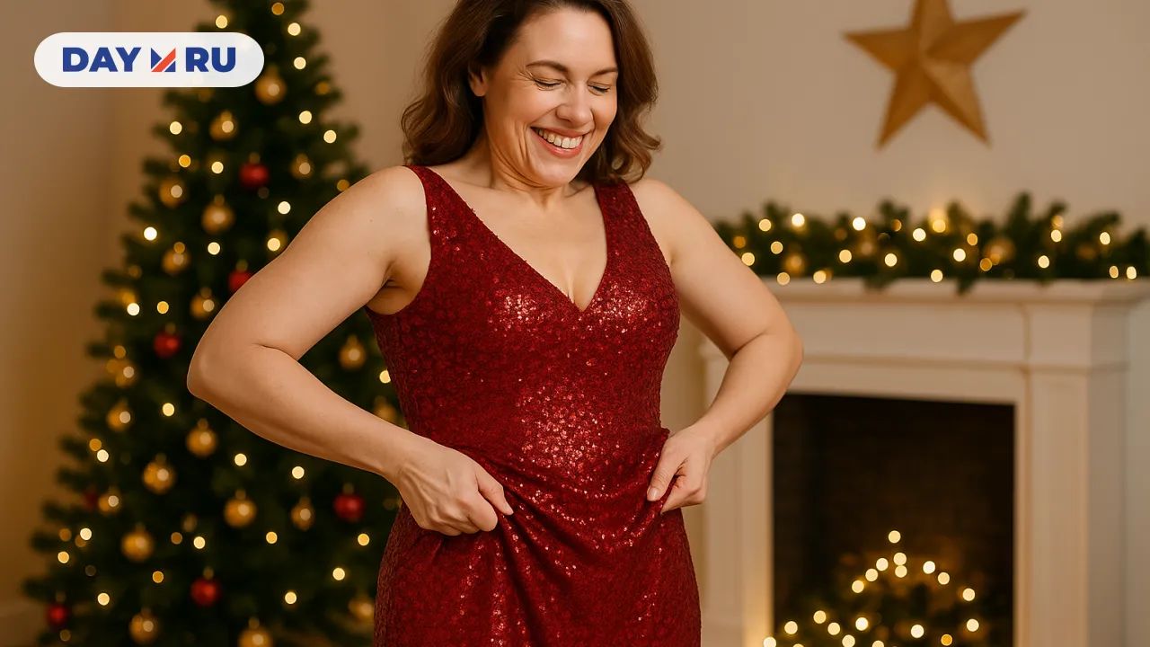 Женщина радостно подтягивает сияющее красное платье