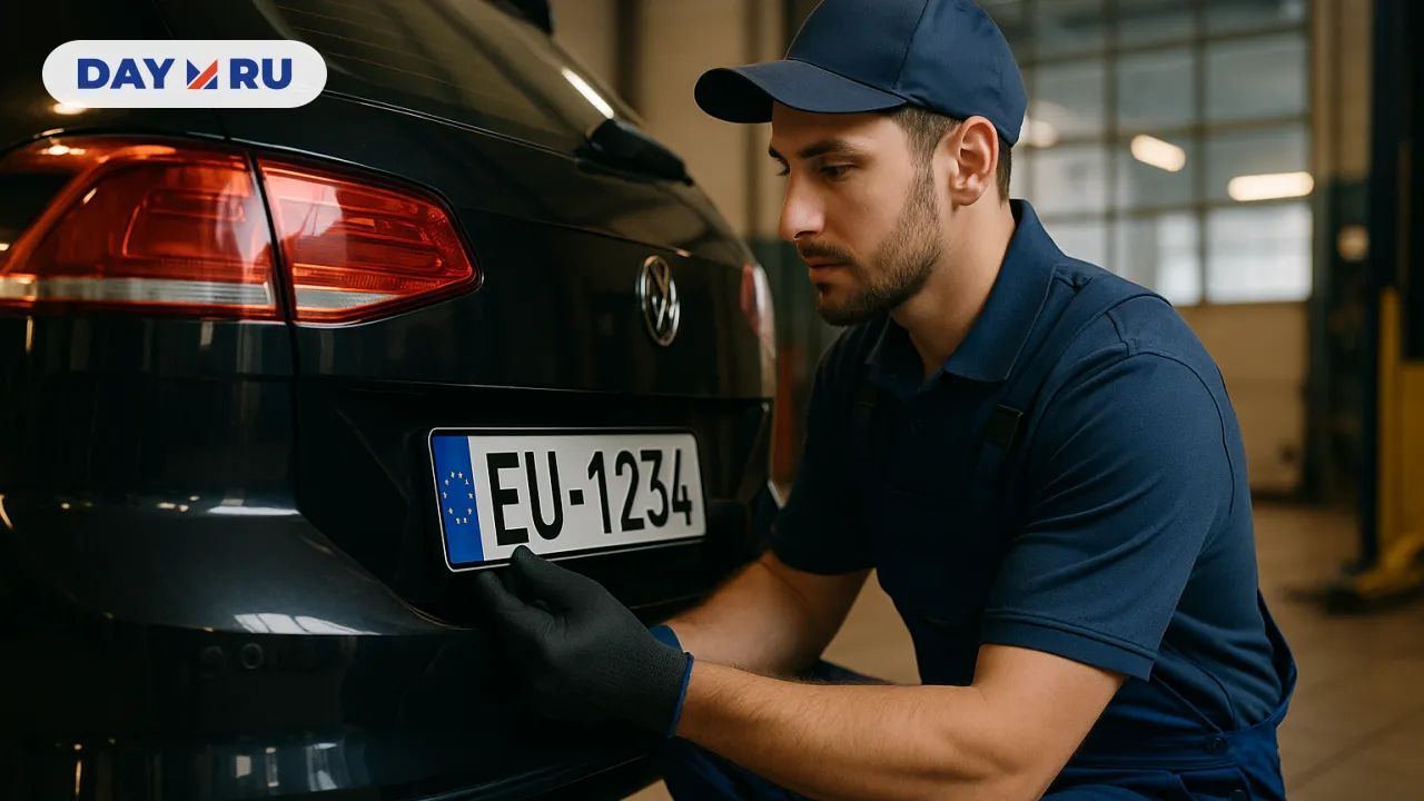 Автомеханик меняет номерные знаки автомобиля