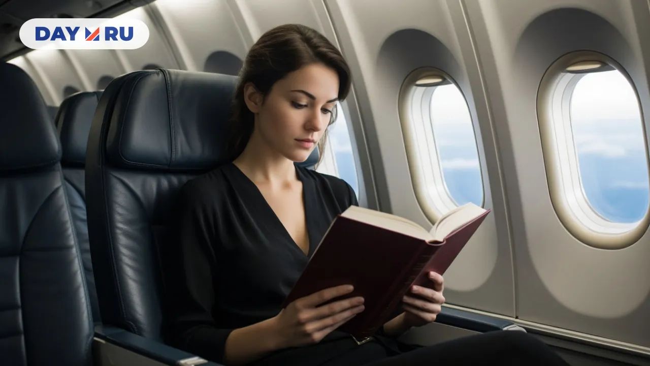 Девушка читает книгу в самолете
