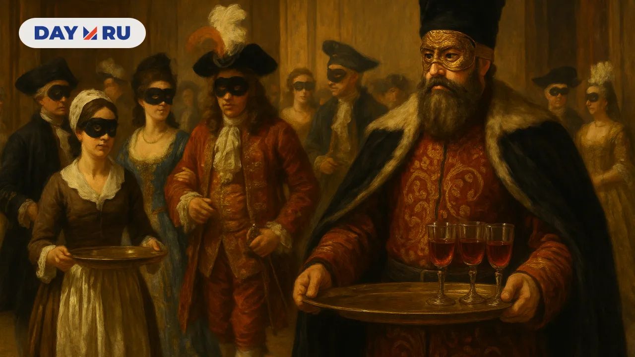 На маскараде боярин в золотой маске подаёт напитки