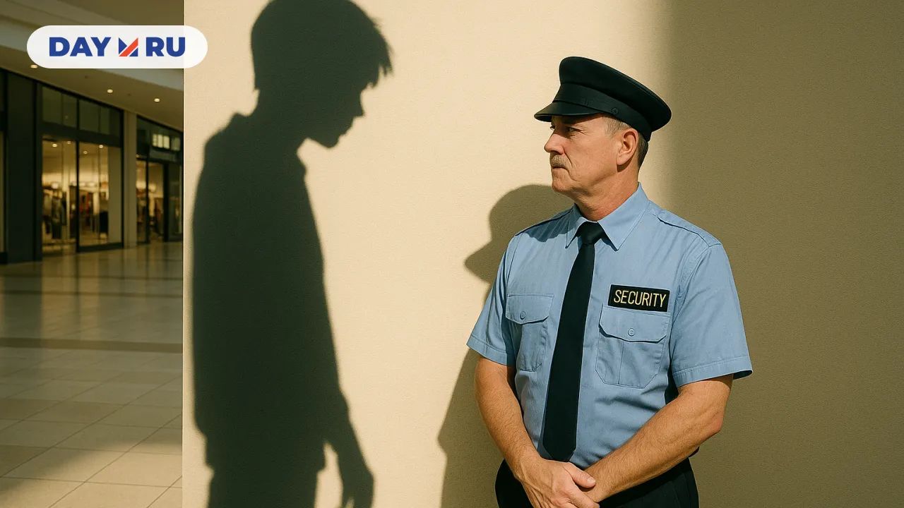 Тень подростка нависает над охранником в торговом центре