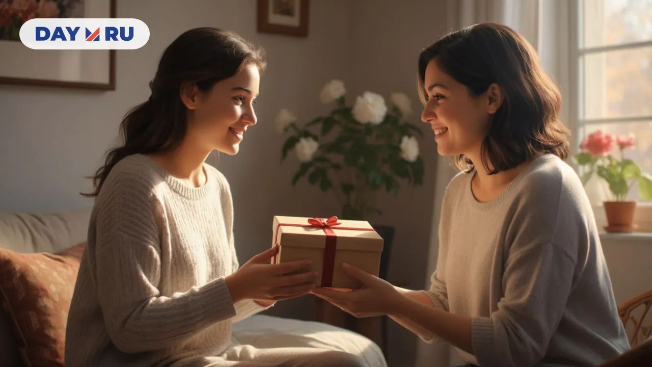 Девушка дарит подарок матери