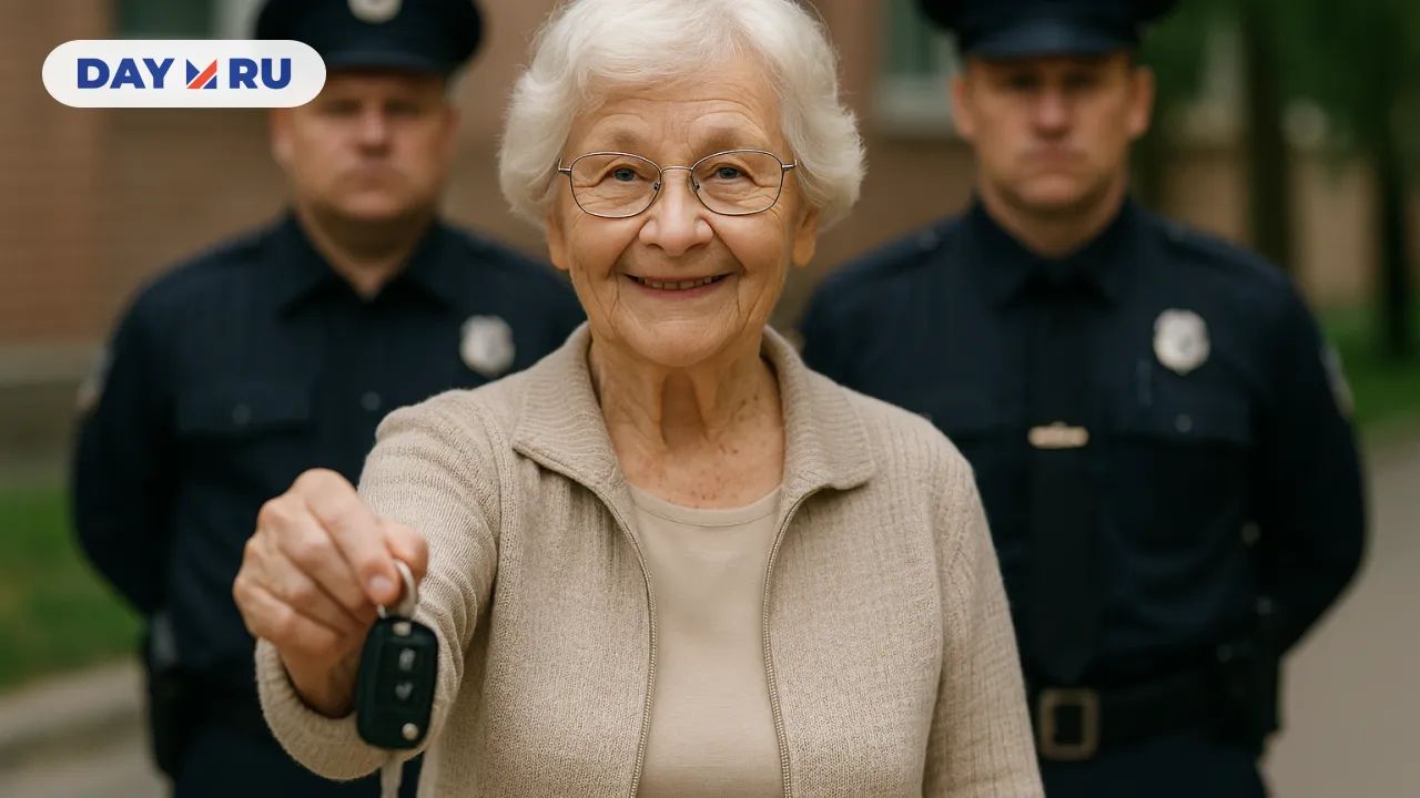 Пожилая женщина протягивает ключи от авто, а позади неё стоят офицеры