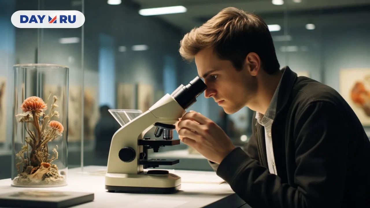 Музей, посетитель, микроскоп