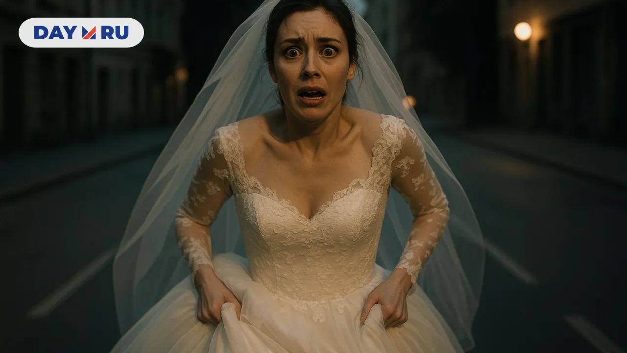 Невеста в свадебном платье бежит по пустой ночной улице