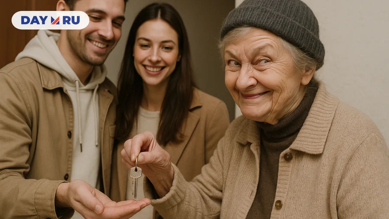 Бабушка передаёт ключи паре и украдкой улыбается, явно что-то задумав