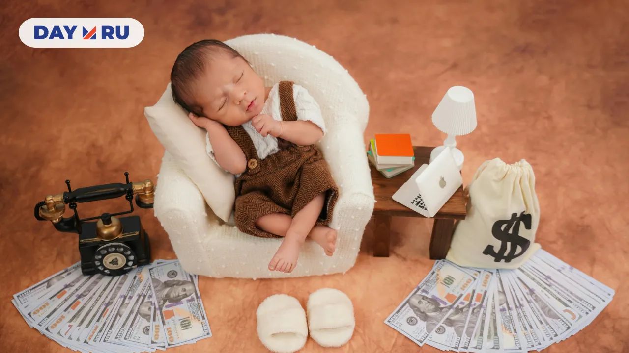 Новорождённый среди игрушечных денег
