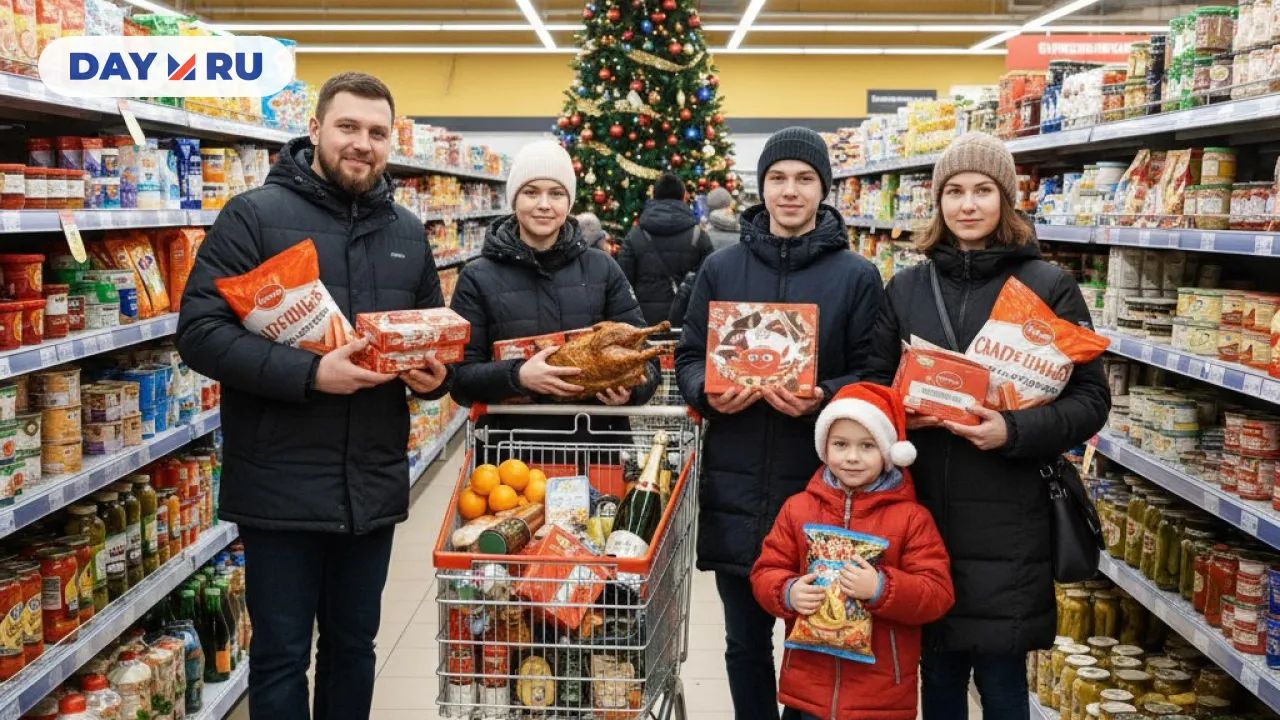 Семья, супермаркет, продукты, Новый год