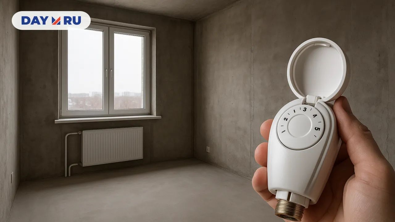 Пустая бетонная новостройка и рука, держащая терморегулятор, выкрученный на максимум.