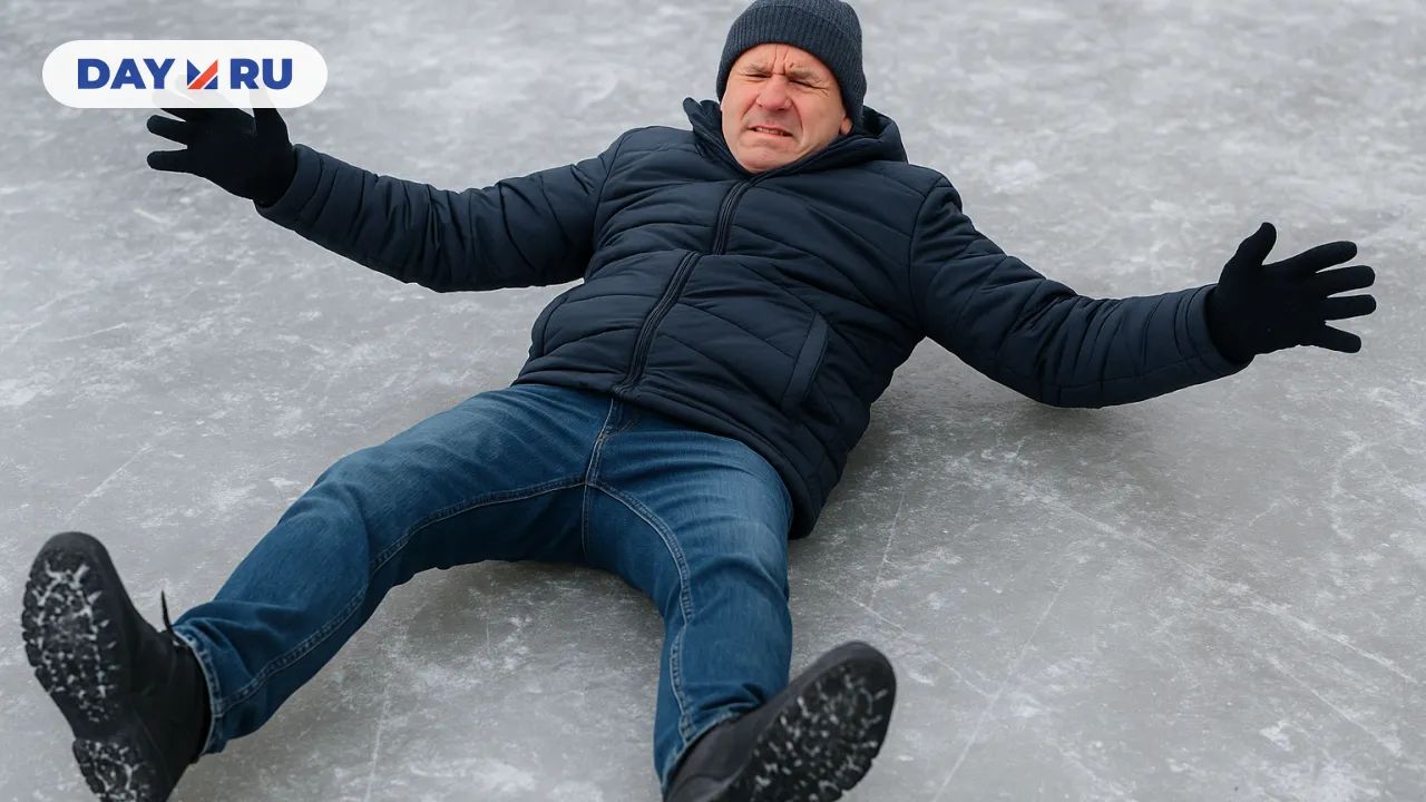 Мужчина в зимней одежде лежит на спине на скользком льду после падения.