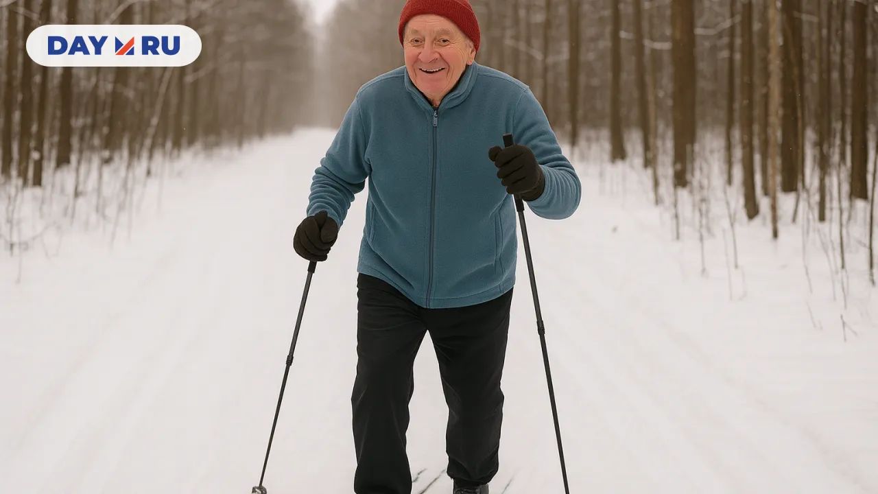 Пожилой мужчина катается на беговых лыжах