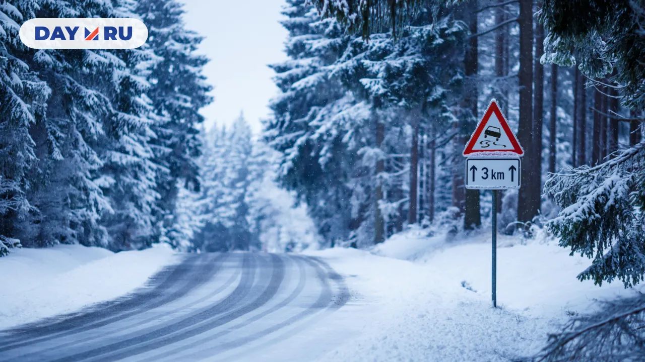 Зима, дорожный знак