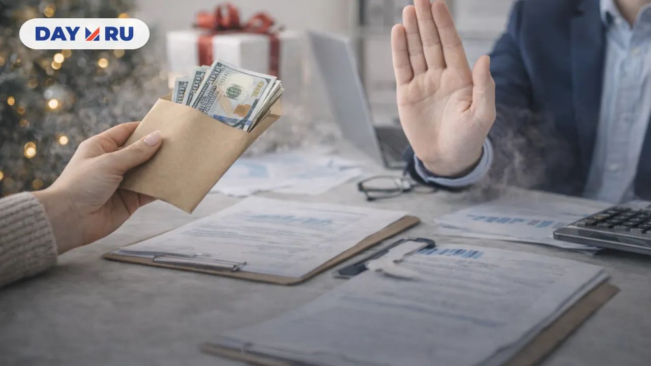 В офисе один человек протягивает конверт с деньгами, а другой жестом руки отказывается его принимать.