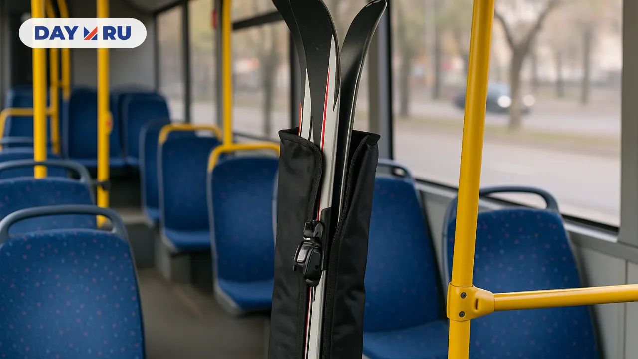 Лыжи, торчащие из приоткрытого чехла посреди пустого автобуса Лыжи, торчащие из приоткрытого чехла посреди пустого автобуса