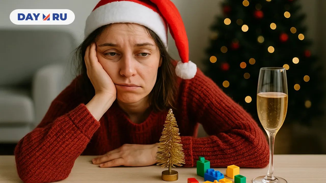 Уставшая женщина в новогоднем колпаке сидит за столом с бокалом