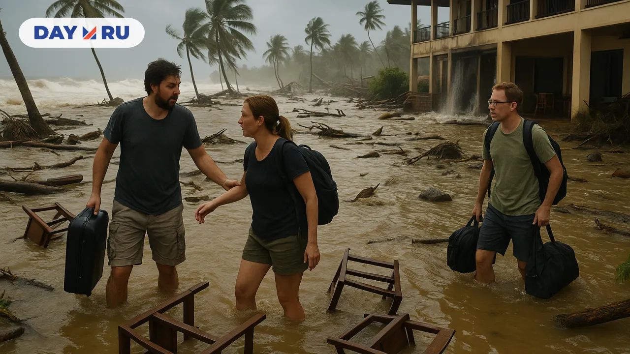 Туристы идут по затопленному берегу среди разрушенного отеля