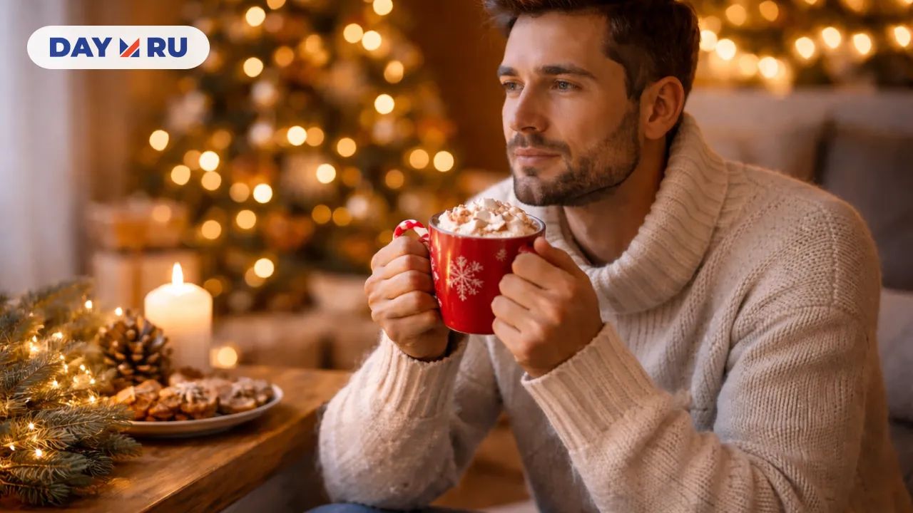 Человек в уютном свитере пьёт горячее какао