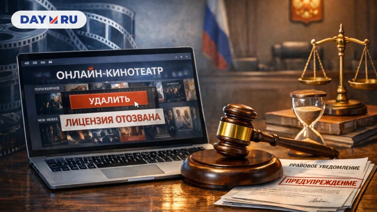 Онлайн-кинотеатр на экране ноутбука с пометкой «лицензия отозвана»
