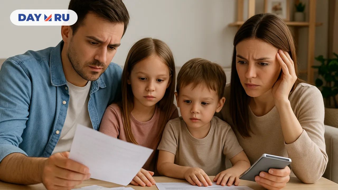 Семья с двумя детьми внимательно изучает финансовые документы дома Семья с двумя детьми внимательно изучает финансовые документы дома