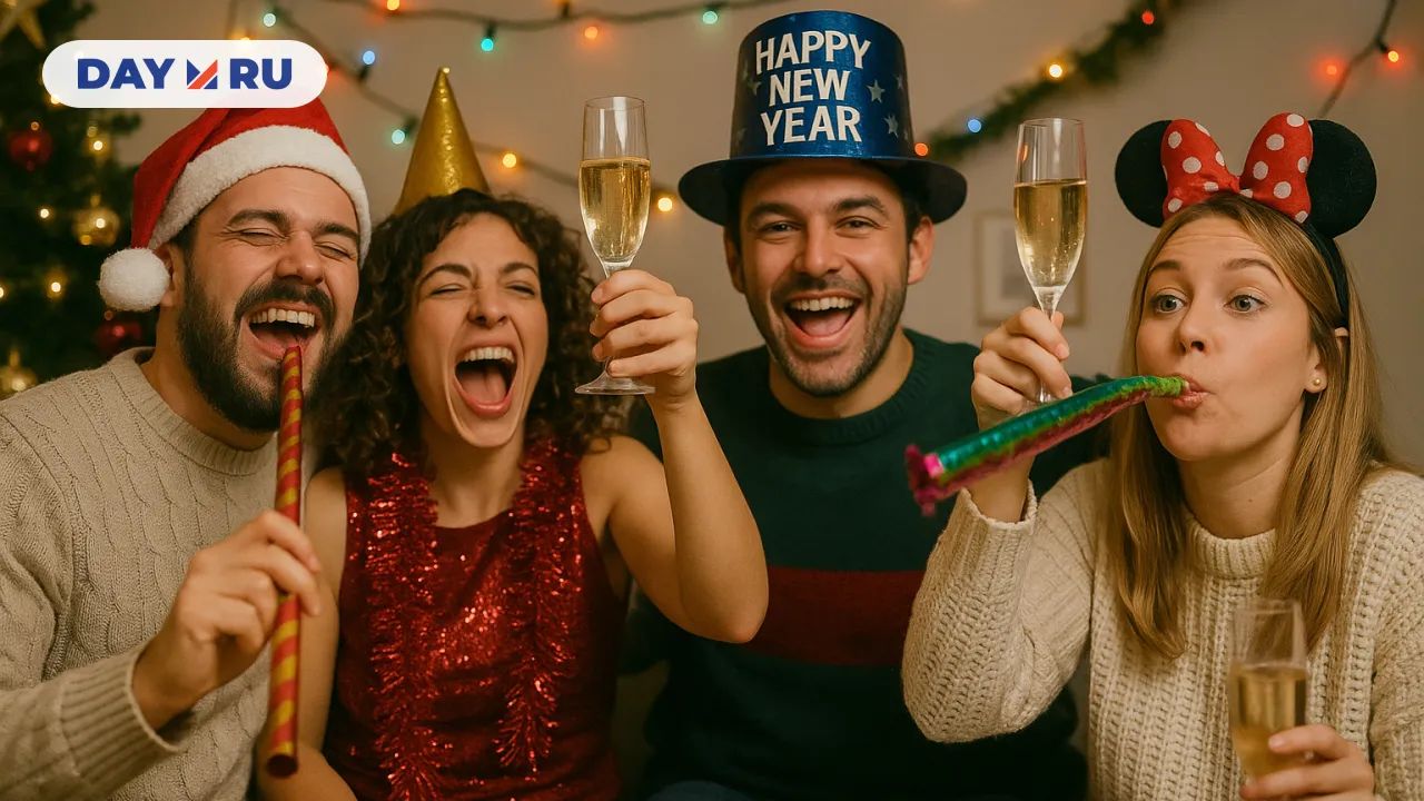Шумная компания встречает Новый год с бокалами шампанского