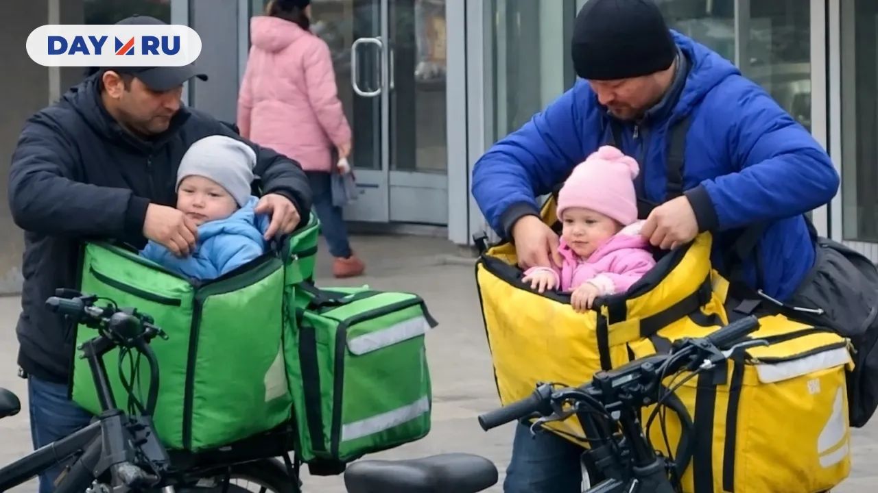 Курьеры достают детей из сумок на электровелосипедах