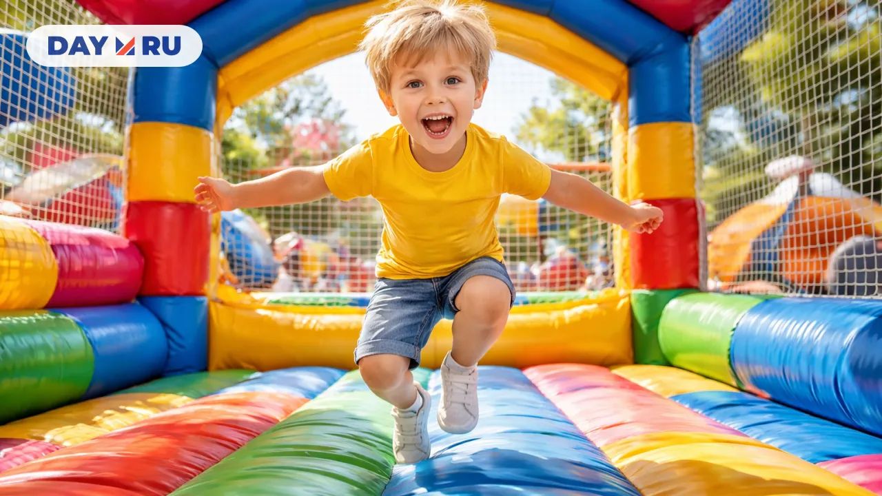 Ребенок в батутном аттракционе 