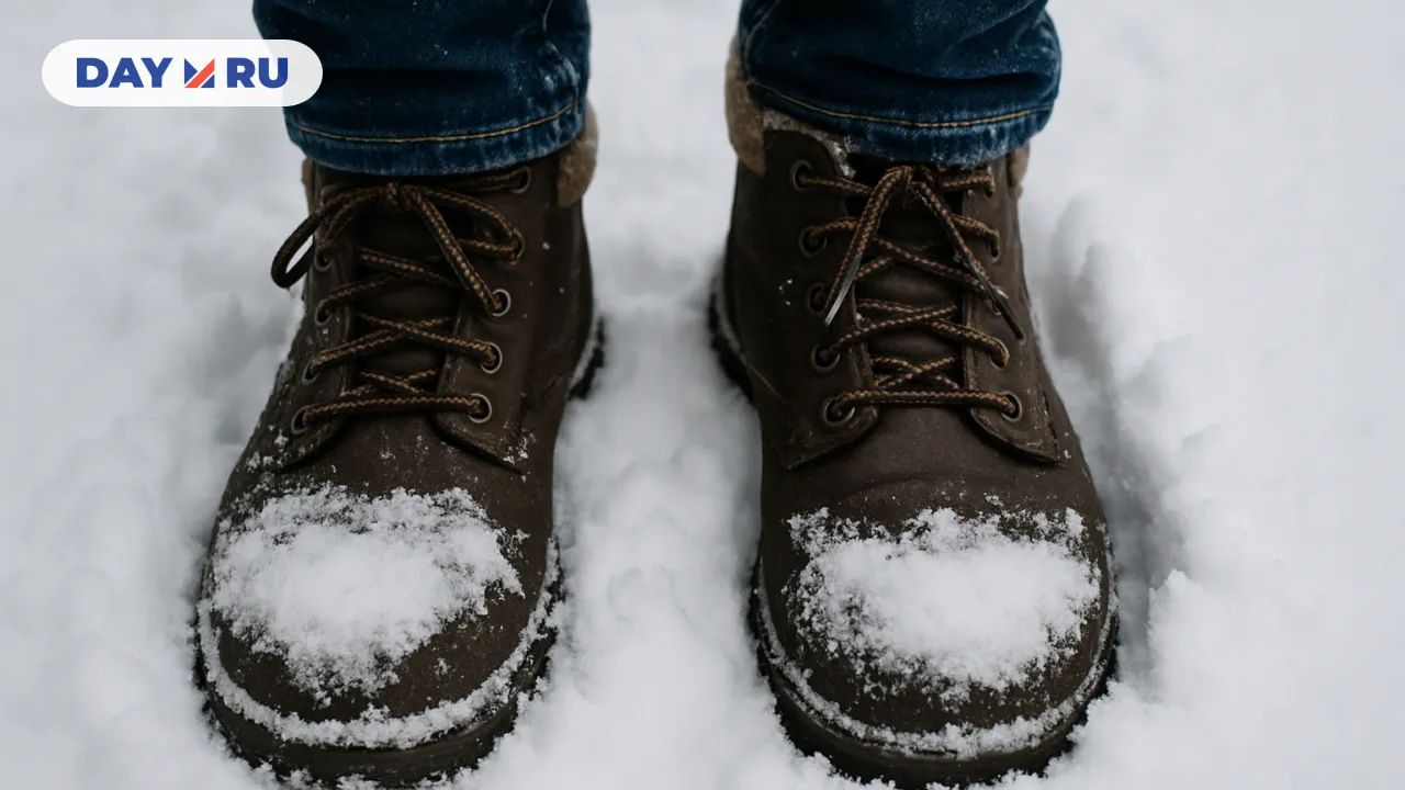 Пара зимних ботинок стоит в свежем снегу