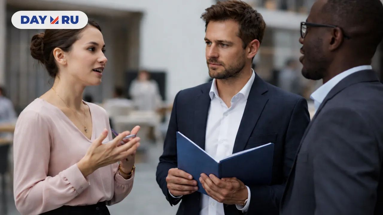 Трое профессионалов в современном офисе обсуждают рабочие вопросы