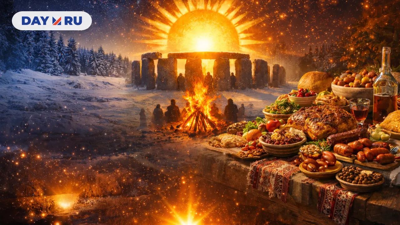 Старый новогодний стол с обильными блюдами