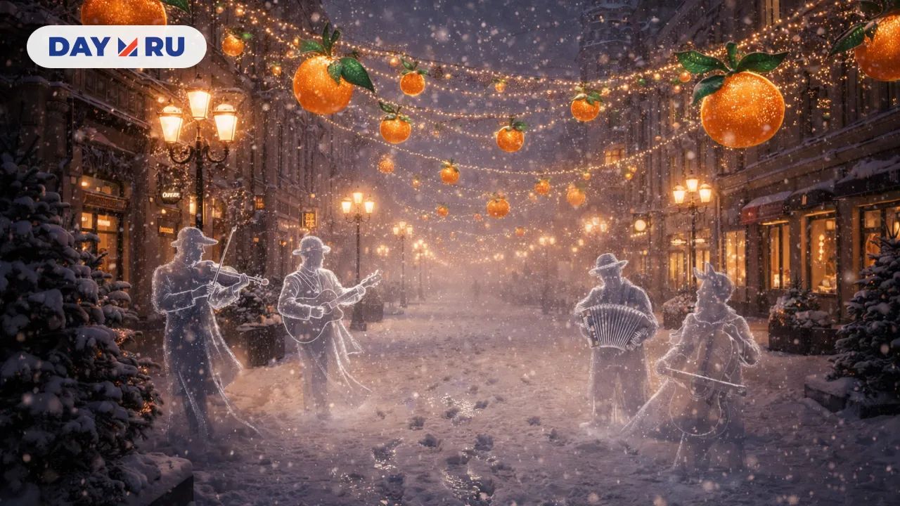 Заснеженный Арбат с мандариновыми огнями и призрачными музыкантами в зимнем воздухе