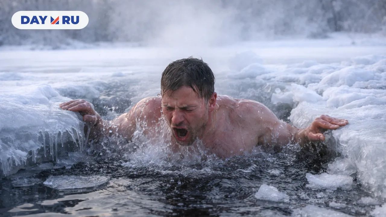 Мужчина ныряет в ледяную воду зимой